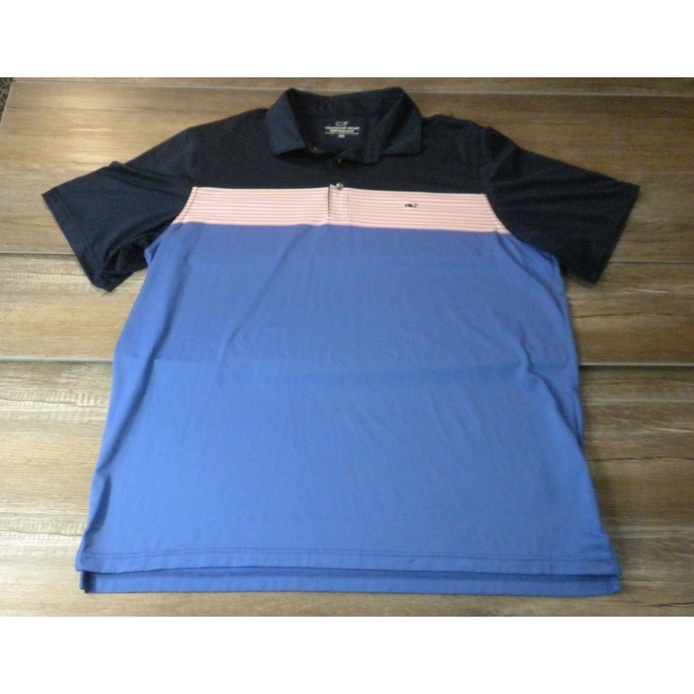 Vineyard Vines Polo Shirt Mens 2XL Blue Pink Performance Golf Coastal Prep Whale